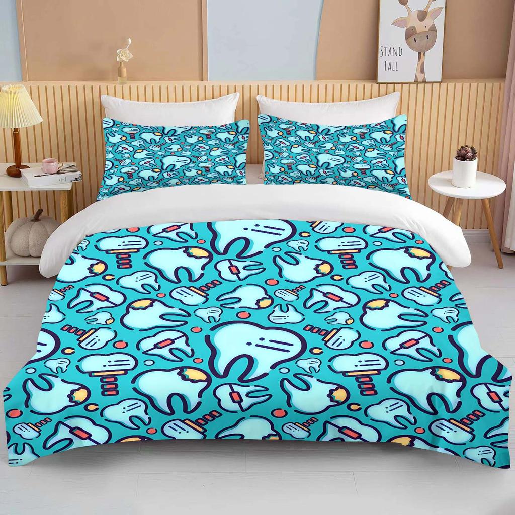 Niedliches Cartoon-Zähne-Druck Bettwäscheset Bettbezug 1 Bettbezug 2 Kissenbezüge Bettwäscheset für Erwachsene und Kinder Luxus-Bettüberwurf-Set