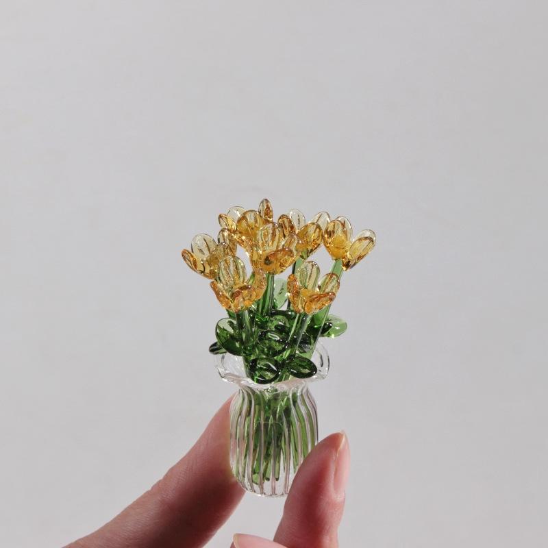 6/7Pcs Mini Lifelike Glass Flowers Simulation Flowers Handcrafted Floral Sculpture Floral Bouquet With Vase Home Decoration Gift