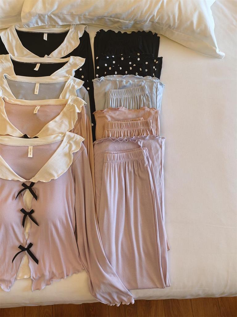 Women's Long Sleeve Pajama Set with Chest Pads - Bowknot Design, Korean Style, Suitable for Spring To Winter.