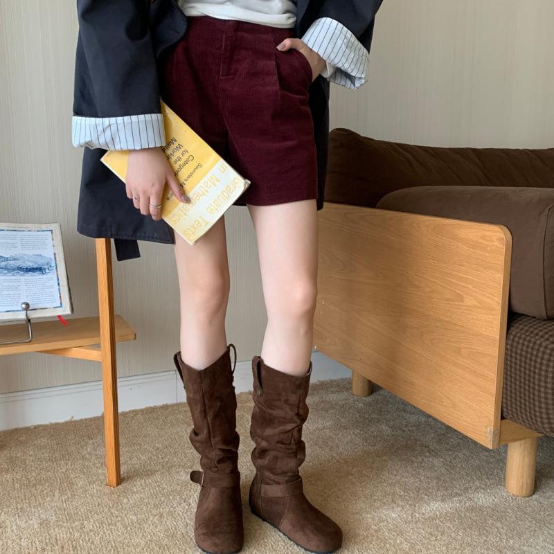 Retro boots women's autumn 2025 new models but knee-thin boots inner height increase folds pile boots