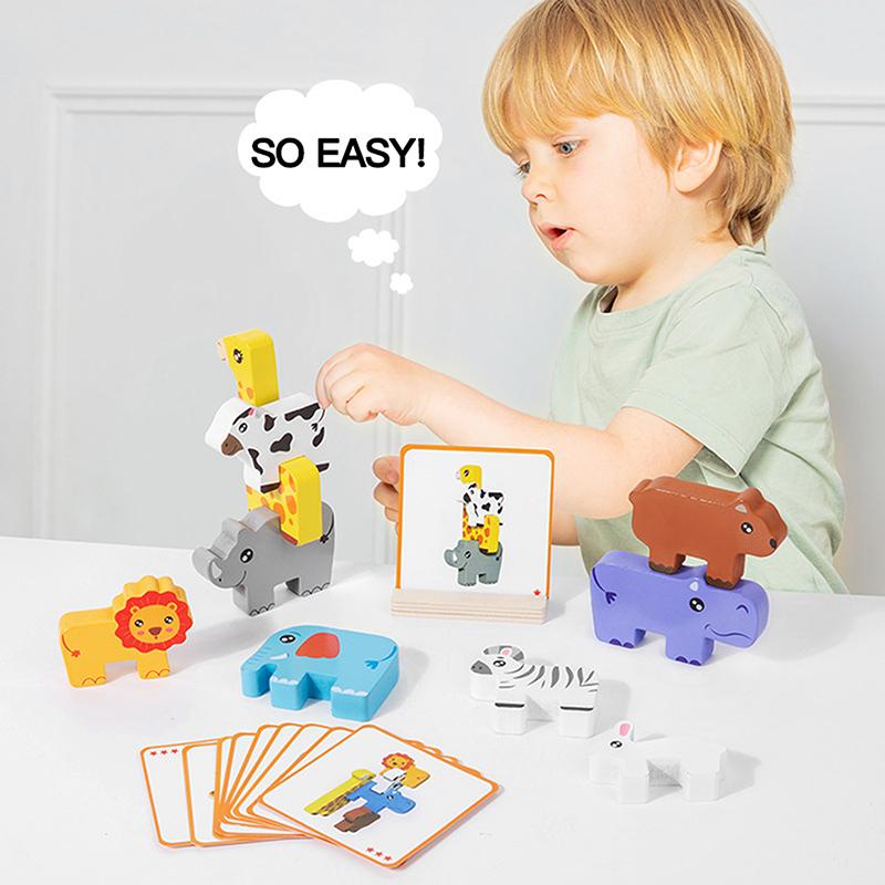 Wooden Animal Stacking Block Game Shape Matching Puzzle Balance Toy Montessori Fine Motor Training Educational Toys For Children