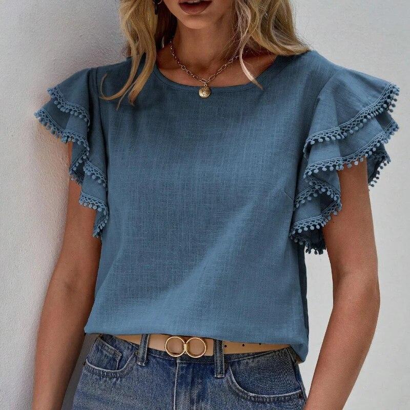 Solid Color Casual Slim Blouses For Women Fashion Summer Vintage Women's Shirts And Blouses Elegant Youth Female Tops