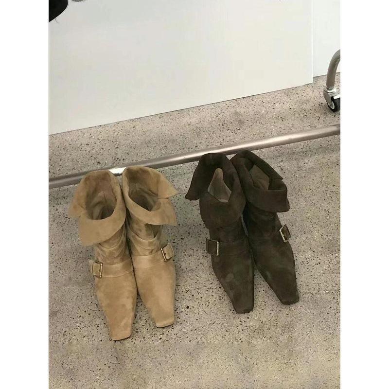 Cowhide Version Boots Women's New Retro Square Head Suede Short Boots Women's Thick Heel Wide Tube Boots Foldable Brown Western Boots