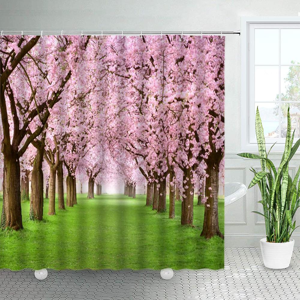 Spring Rural Landscape Shower Curtains Set Pink Flowers Tree Forest Natural Floral Green Plant Scenery With Hooks Bathroom Decor