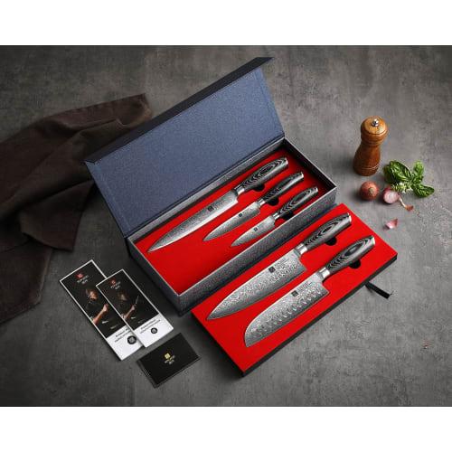 XINZUO 5-Piece Kitchen Knife Set, Damascus Steel, High Carbon Steel Chef Knife, Slicing Knife, Santoku Knife, Utility Knife, Paring Knife Set, Pakkawo