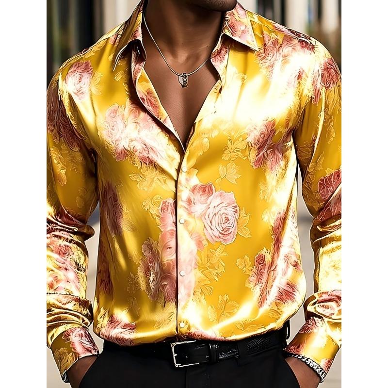 Men's Floral Pattern Rose Shirt, Long Sleeved Retro Vacation Daily Wear, Summer and Spring 3D Printed Shirt