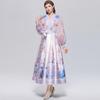 Wunderschönes Blumenwickel-Langarmkleid Damen V-Ausschnitt Laternenärmel Chiffon-Patchwork Dickes Satin-Band-Schnürgürtel Partykleid