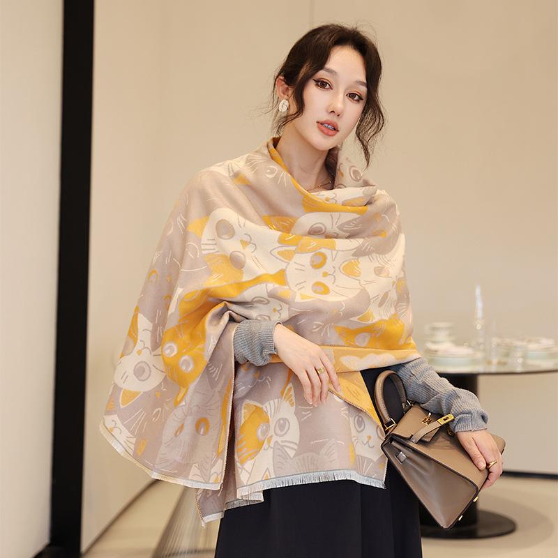 New Double Sided Cute Cat Imitation Cashmere Scarf for Women In Autumn and Winter Thickened and Warm Versatile Shawl  Fashionable Scarf
