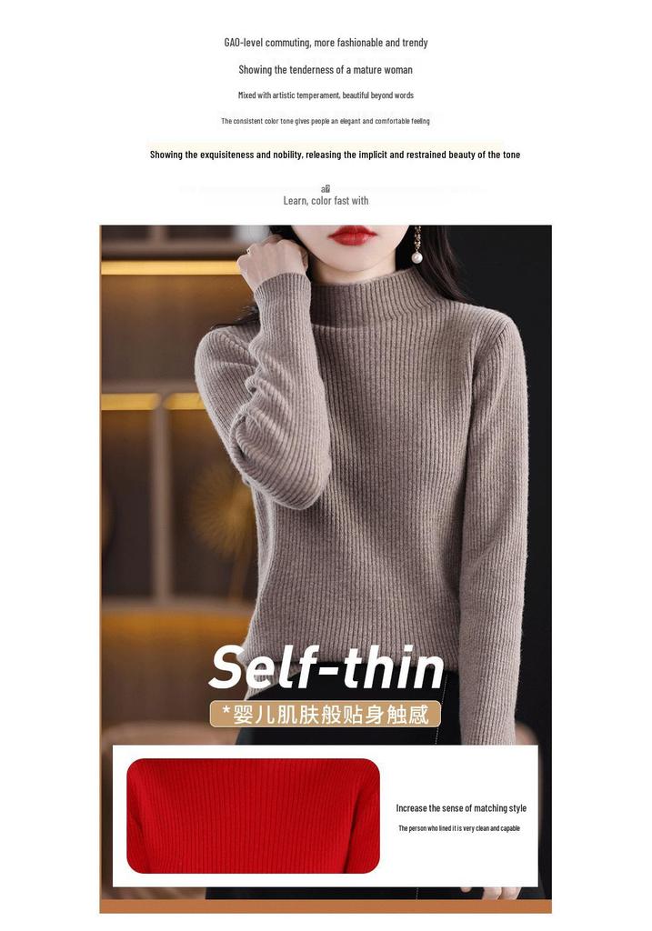 Women's Slim Fit Short Wool Knit Sweater - Solid Color, Half-High Collar