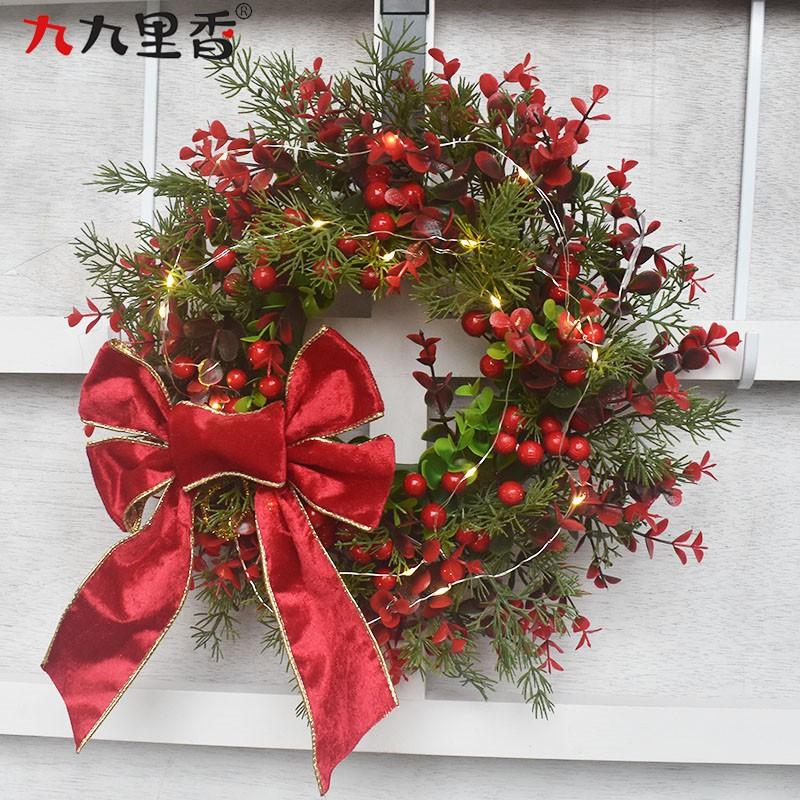 Mini Christmas Wreath With LED Lights Red Berries Eucalyptus Decor Holiday Home Door Wall