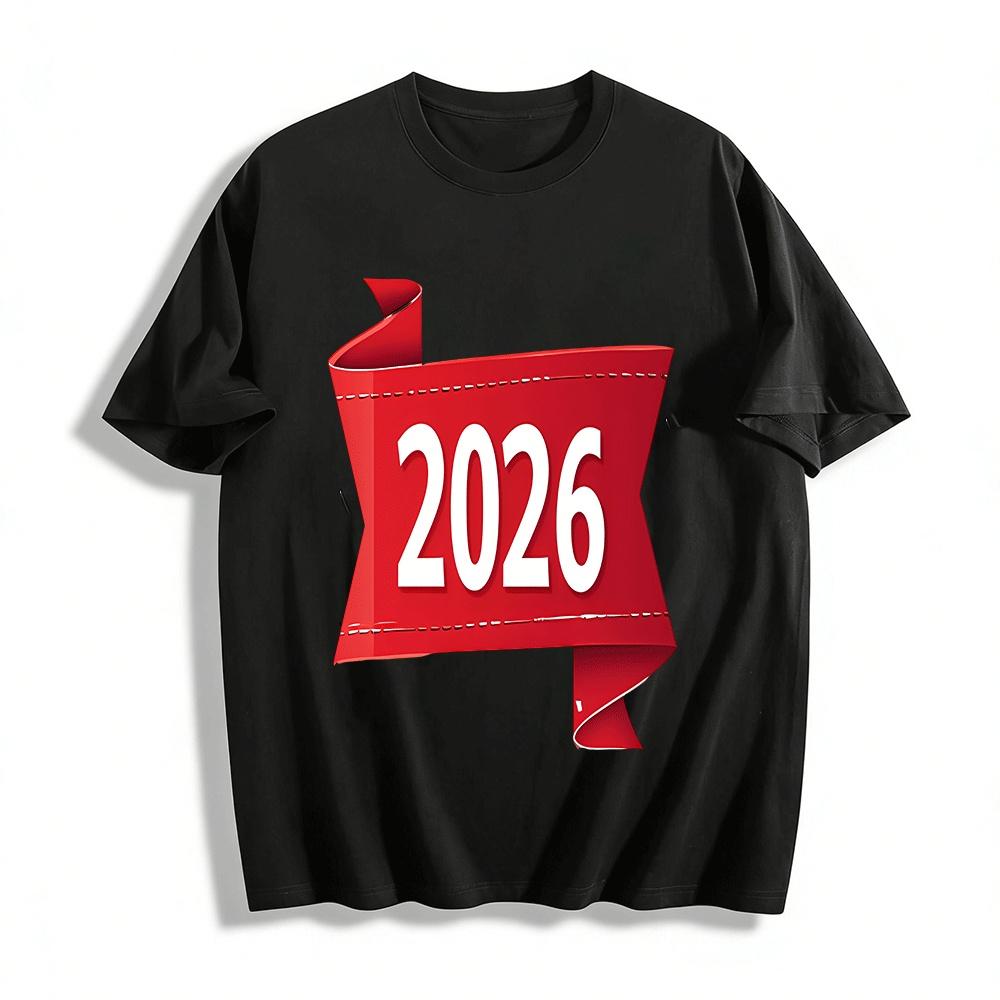 2026 New Year Themed Red Print Casual Versatile Top For Men And Women Pure cotton T-shirt XXS