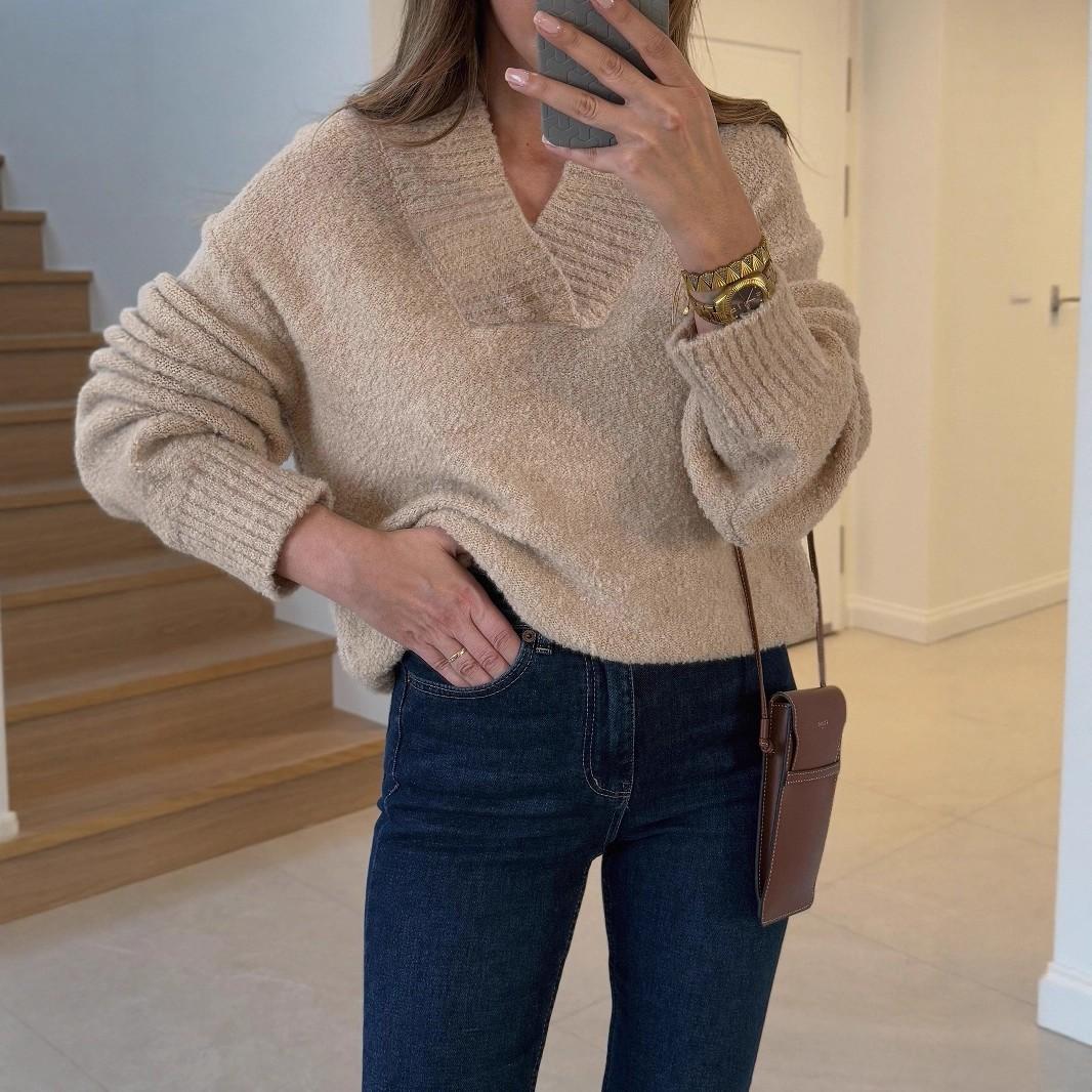 Women S Solid Color V Neck Loose Knit Pullover Sweater S