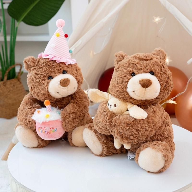 Teddy Bear Plush Toy Birthday Cake Hat Hug Rabbit Fill Doll Ornament Present