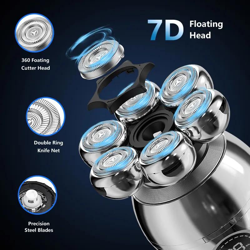 Barbeador Elétrico 5 Em 1 para Homens Calvos Cortador Flutuante 7D Aparador de Barba Máquina de Cortar Cabelo IPX5 À Prova d'Água Barbear Carregamento Sem Fio USB