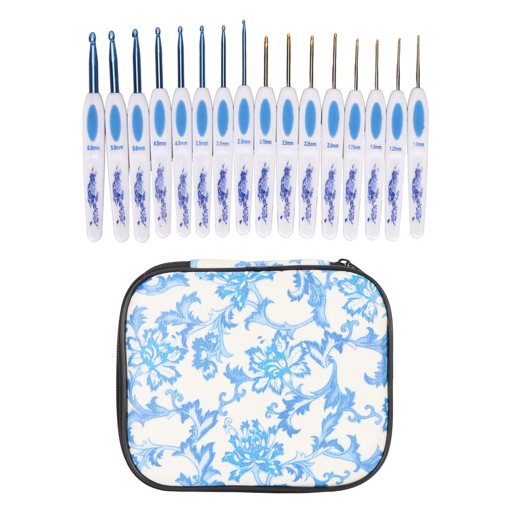 16pcs Crochet Hooks Set Blue White Porcelain Ergonomic Handle Crochet Needles with Case DIY Hand