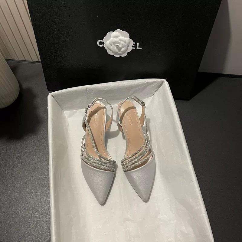 Black Crystal Pointed Toe Mid Heel Women's Shoes Summer Sensation French Style Sandals New 2025 Elegant Single Shoes