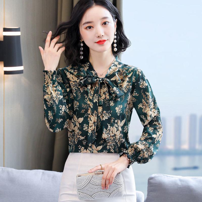 Floral Print Long Sleeved Chiffon Shirt for Women Spring Summer Mother's Top Scarf Collar Bow Bottoming Blouse M-4XL