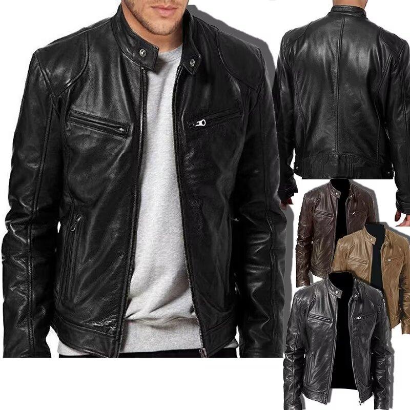 Erkek Moda Motosiklet PU Deri Ceket Erkek Deri Ceket Havalı Fermuarlı Cepler Deri Montlar Erkek Lüks Büyük Beden