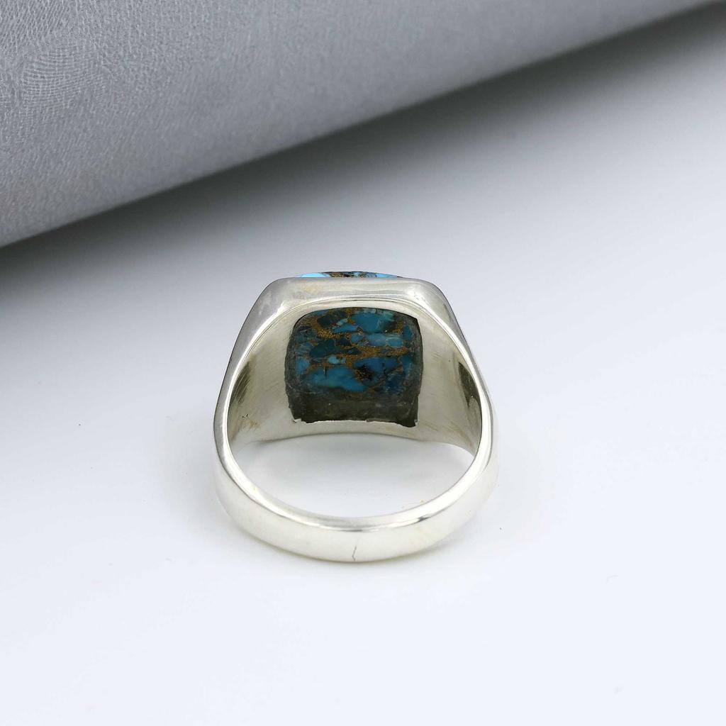 Blauer Kupfer Türkis Edelstein Ring, Massiver 925 Sterling Silber Ring, Geburtsstein Ring, Jubiläumsring, Herrenring