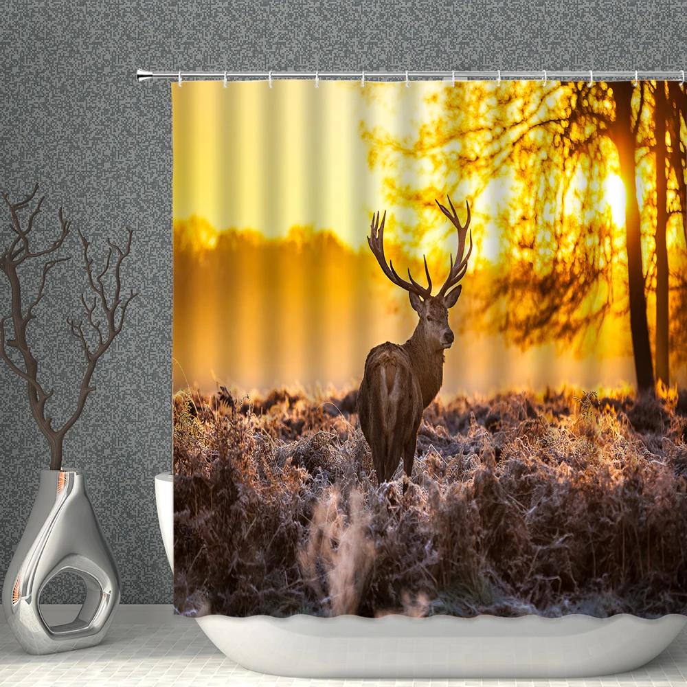 Animals Landscape Shower Curtain Set Wild Elk Forest Trees Green Plants Grassland Home bathroom Decor Hanging curtains Washable