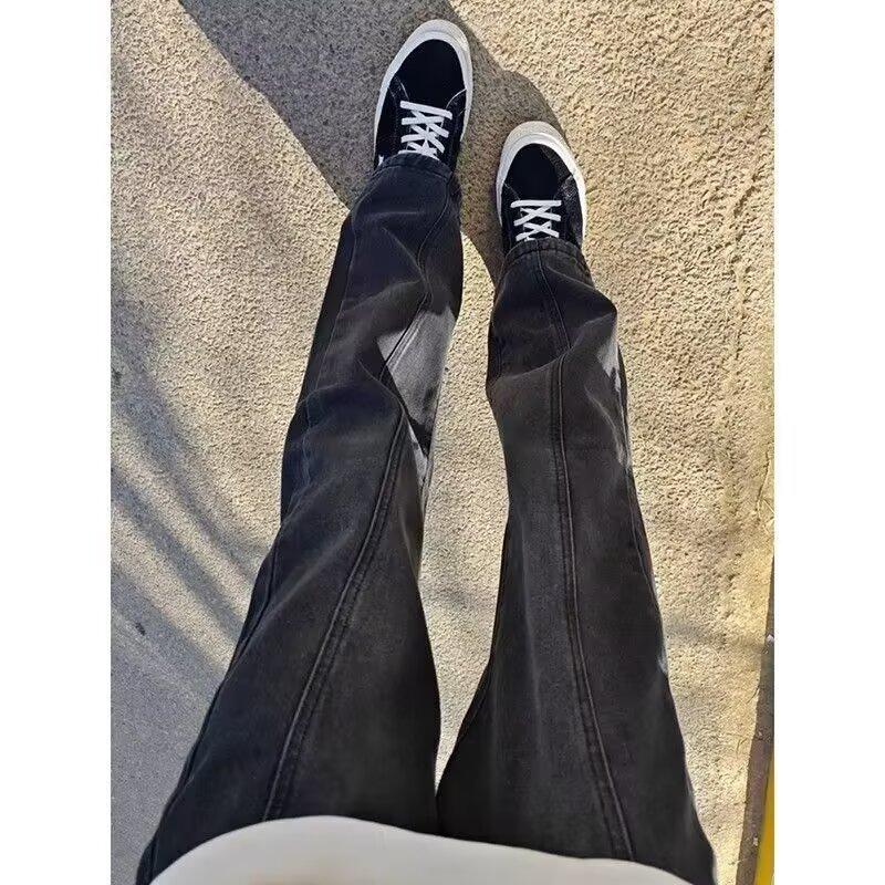 American trend black autumn jeans men's splicing high street straight trousers loose and handsome casual trousers