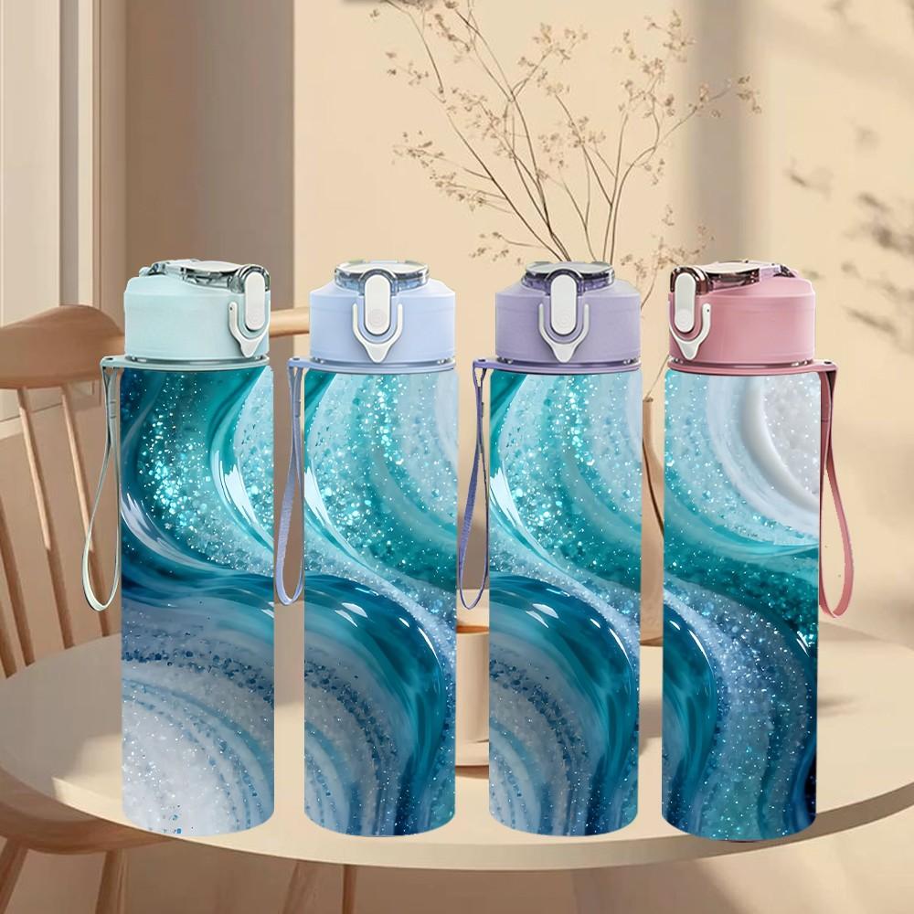 1PC Teal Blue Gold Marble Pattern 750ml Color Plastic Sports Water Bottle Leakproof Flip Straw Lid Suitable for Sports Office Home Use
