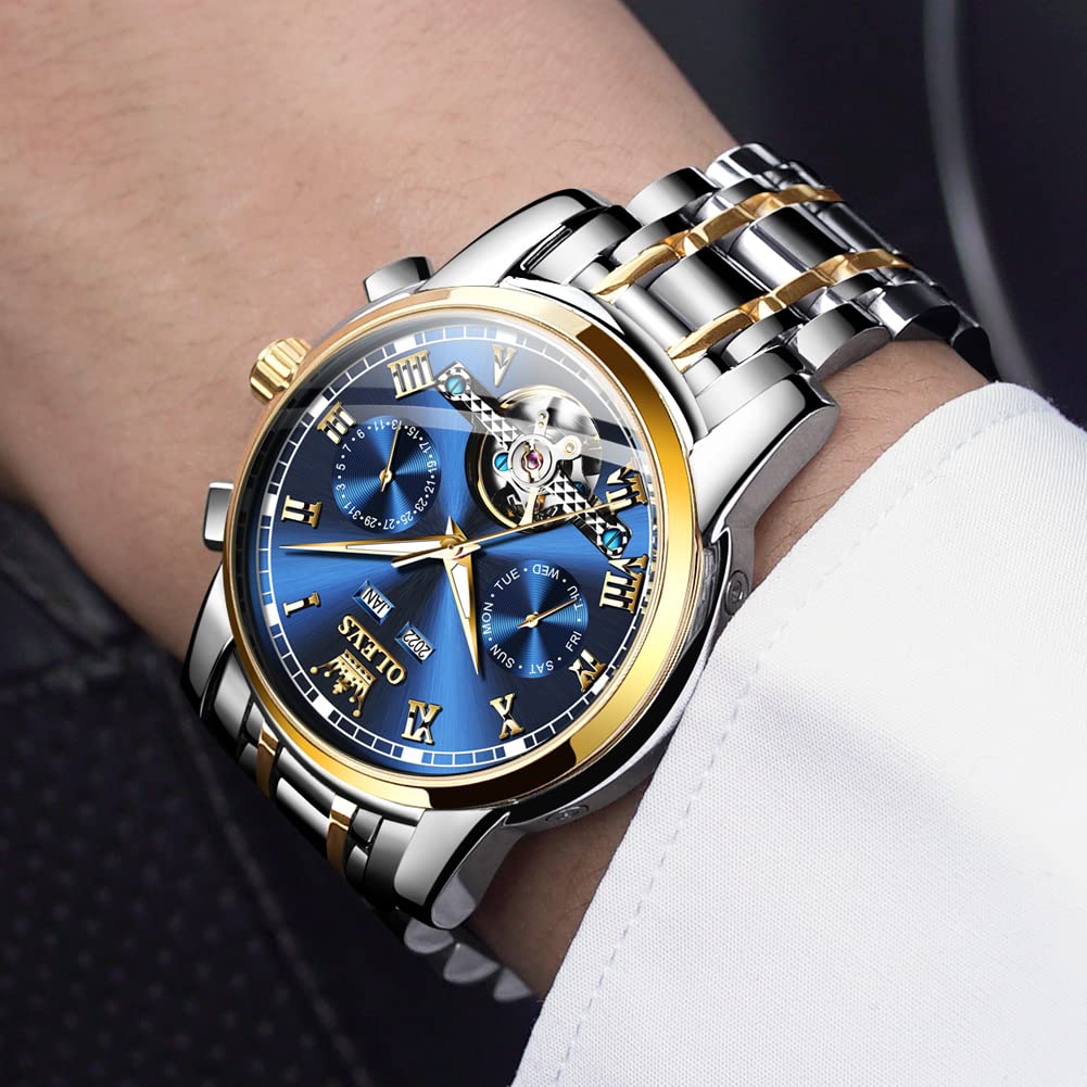 Gold Automatic Watch Gold Mechanical Skeleton Business Watch Waterproof Analog Stainless Steel Luxury Watch for Men Men's Men's (Blue I)