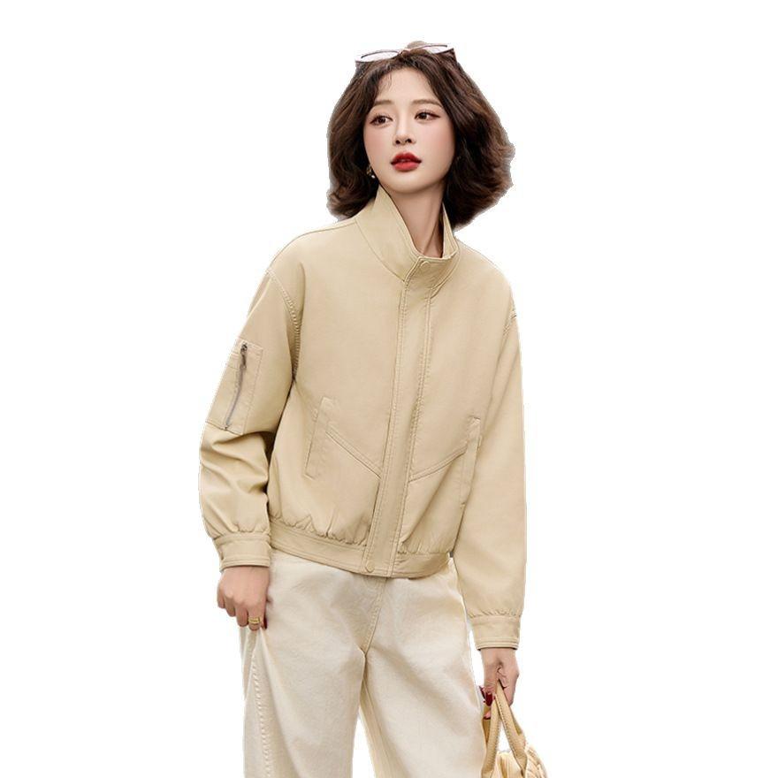 Stand-up collar leather jacket short women's spring and autumn new loose fashion jacket casual top
