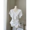 Cotton Large Size Bat Sleeves Tied At the Waist Design V-neck Short-sleeved T-shirt for Women Summer Korean Tops
