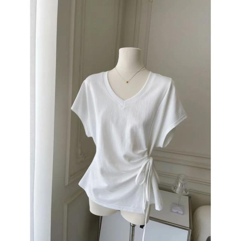 Cotton Large Size Bat Sleeves Tied At the Waist Design V-neck Short-sleeved T-shirt for Women Summer Korean Tops