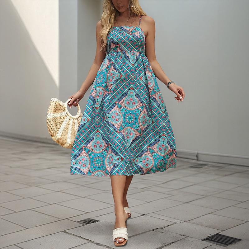 Women Retro Style Printed Suspender Dress