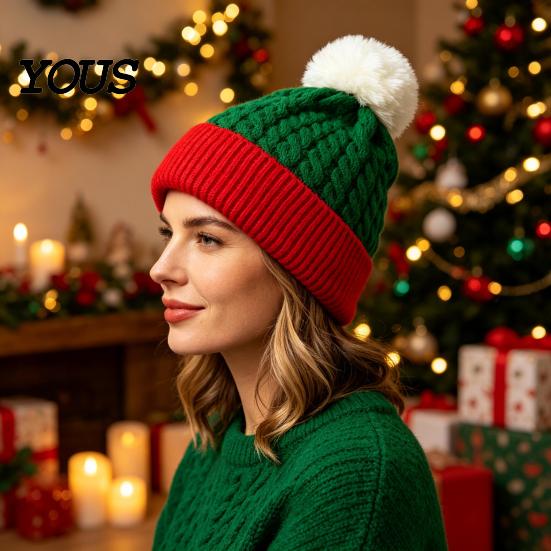Casual Winter Accessories for Women Christmas Elf Hat, Cozy Knit Hat with Pom Soft Elastic Ribbed Pom, Stretchy Warm Skull Cap Outdoor Cold