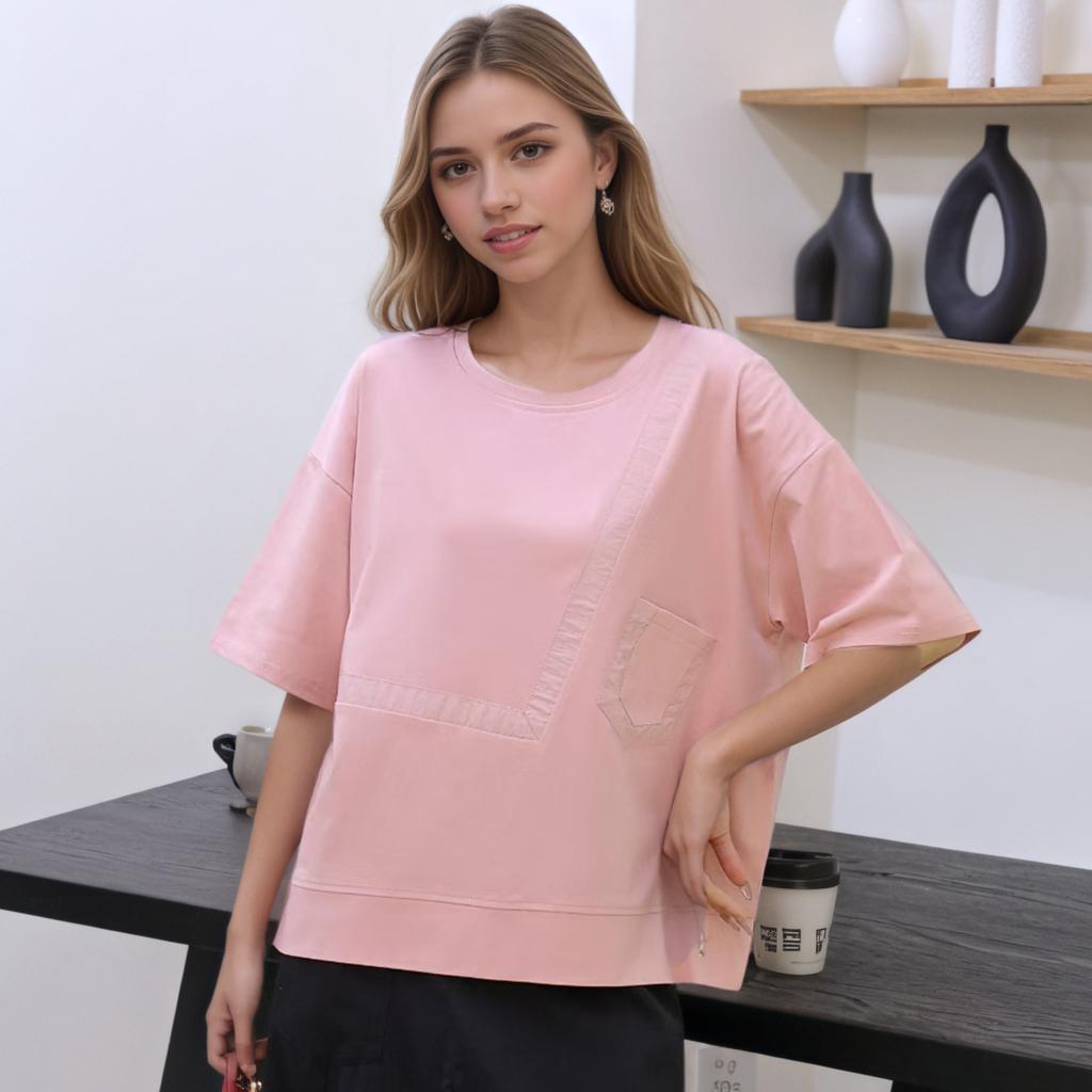 DIMANAF 2025 Summer New T-shirt Women Printing Buttons Asymmetrical Short Sleeve Loose