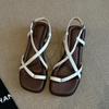 Sheepskin~ Temperament French Toe-woven Cross-strap Sandals Women's Fashion Niche Age-reducing Versatile Thick-heeled Roman Shoes