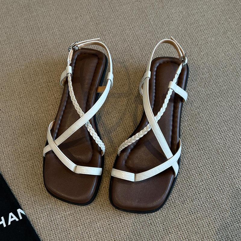 

Sheepskin~ Temperament French toe-woven cross-strap sandals women s fashion niche age-reducing versatile thick-heeled Roman shoes 35