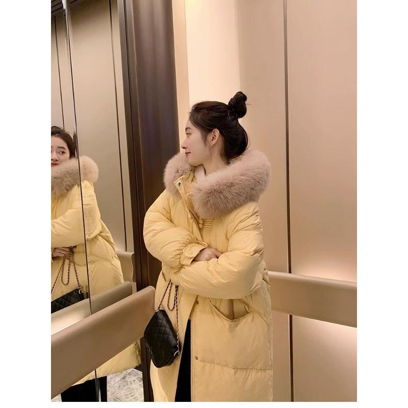 Long Over-the-knee Hooded Down Cotton Coat for Women Winter Big Fur Collar Thick Cotton Coat Trend Parkas Jackets
