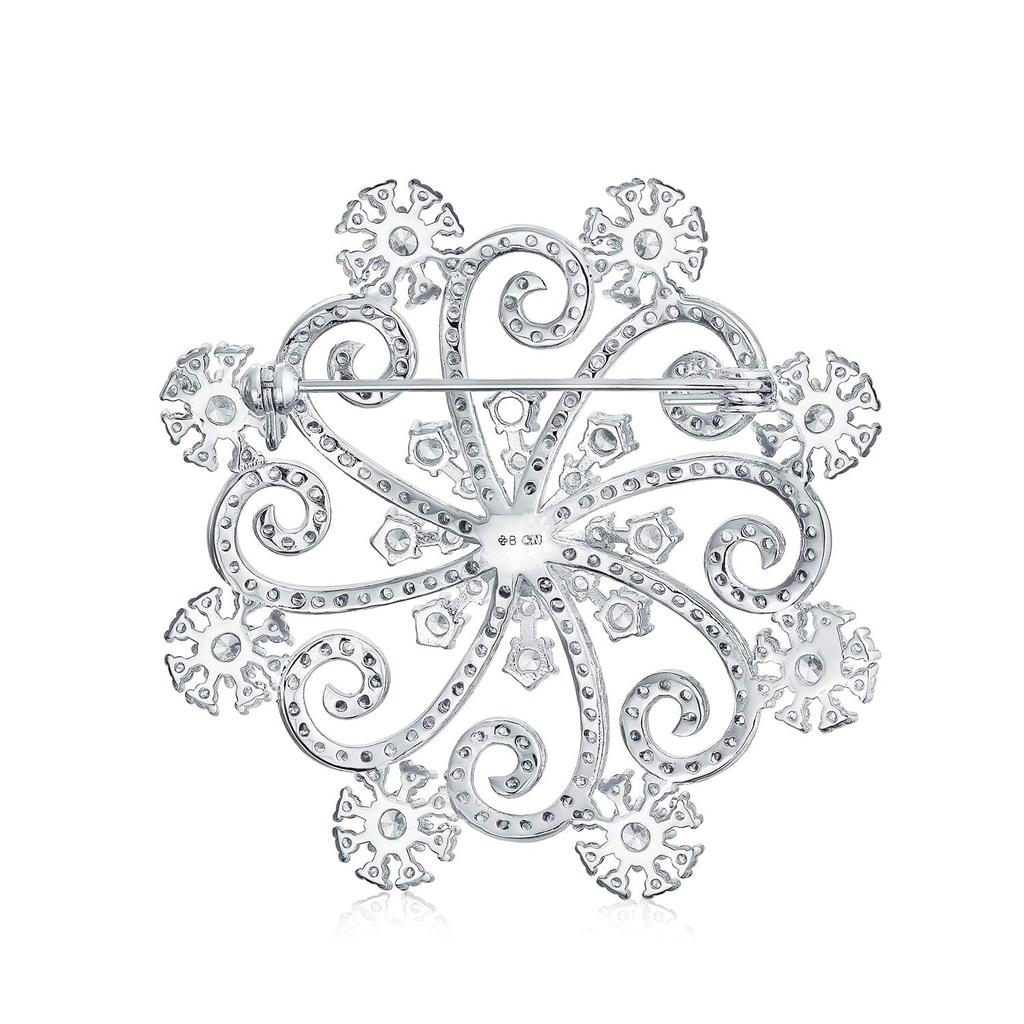 Frozen Winter Swirl Holiday Party CZ Cubic Zirconia Scarf Christmas Statement Snowflake Brooch Pin for Women Silver Plated "Big Brass"