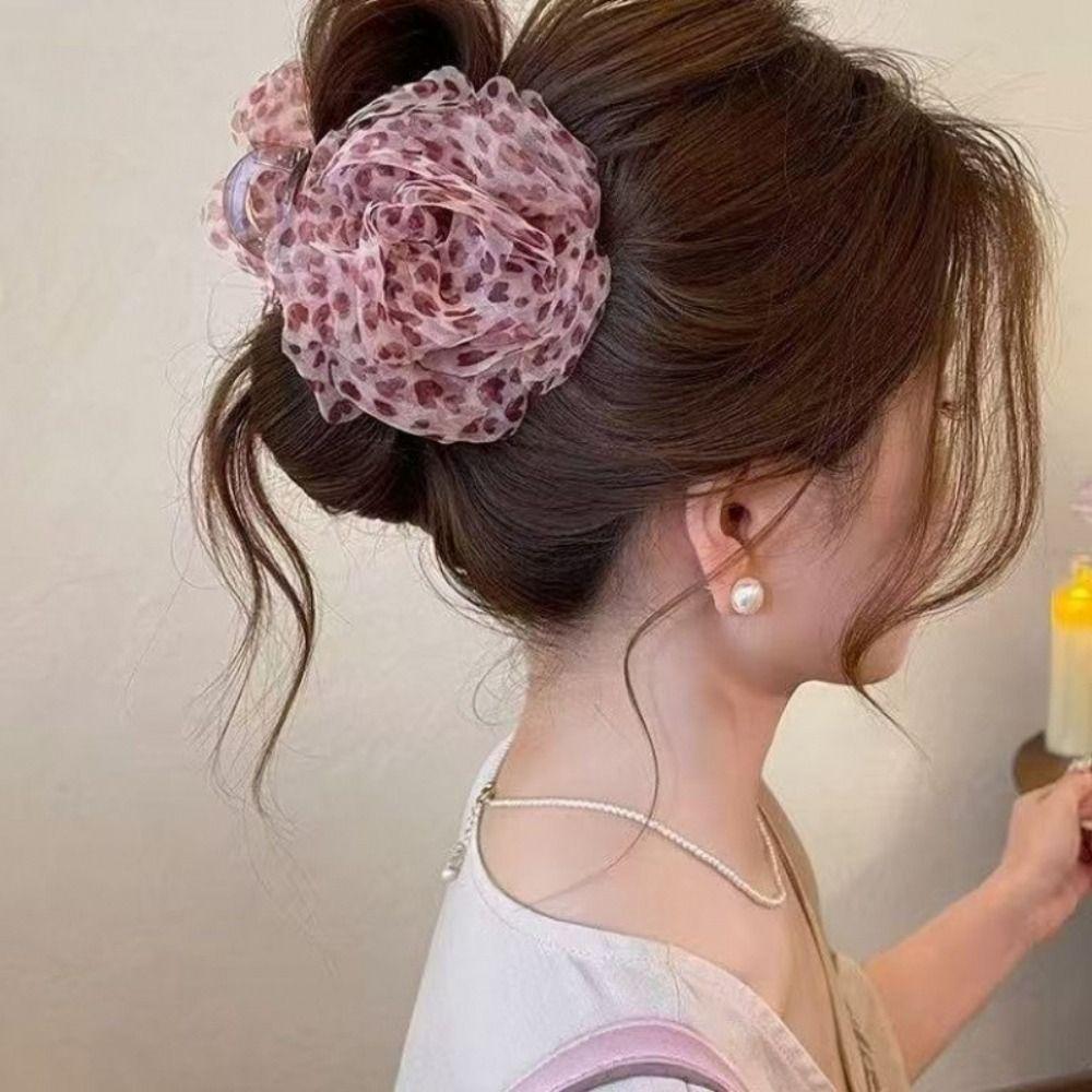 Fabric Flower Hair Claw Clip Floral Mesh Large Hair Grab Clip Leopard Print Hair Clip For Women