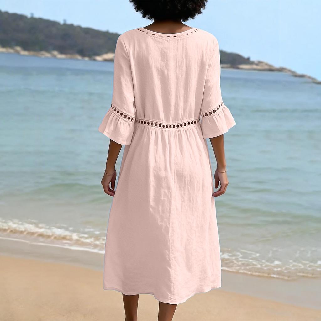 Vintage Hollow Out Lace Round Neck Midi Dress Women Cotton Linen Casual Loose Fit Half Sleeve Summer Dress