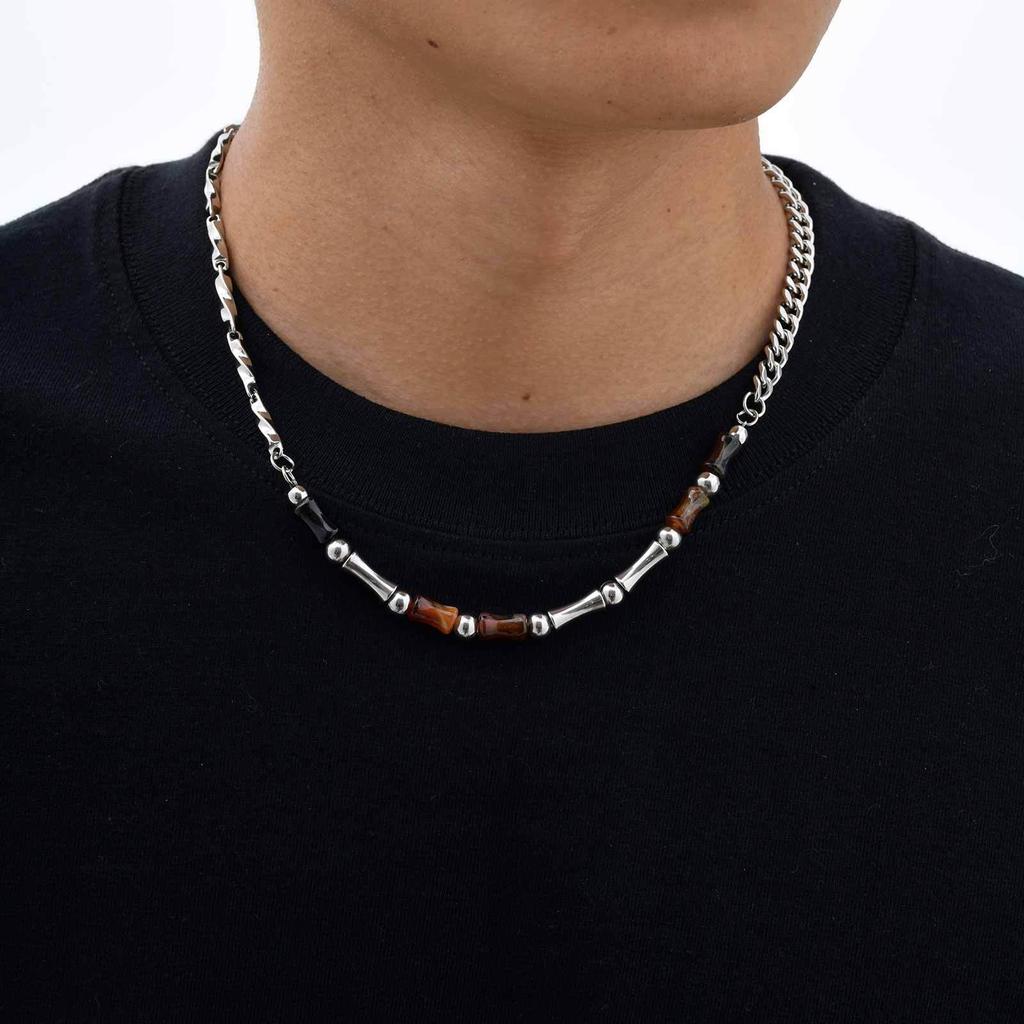 Vnox Collier Réglable 46-51cm Acier Bambou avec Fermoir Mousqueton, Perles d'Agate Naturelle Bijoux Minimalistes Cadeau pour Hommes Femmes
