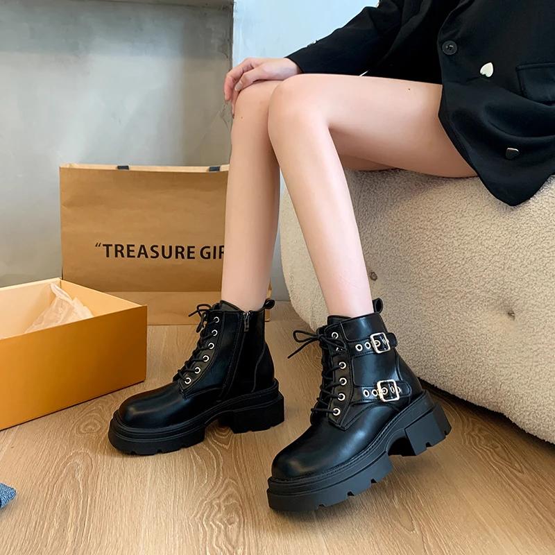 Ladies Shoes 2024 High Quality Side Zipper Women's Boots Fashion Front Lace-up Office and Career New Belt Buckle Ankle Boots