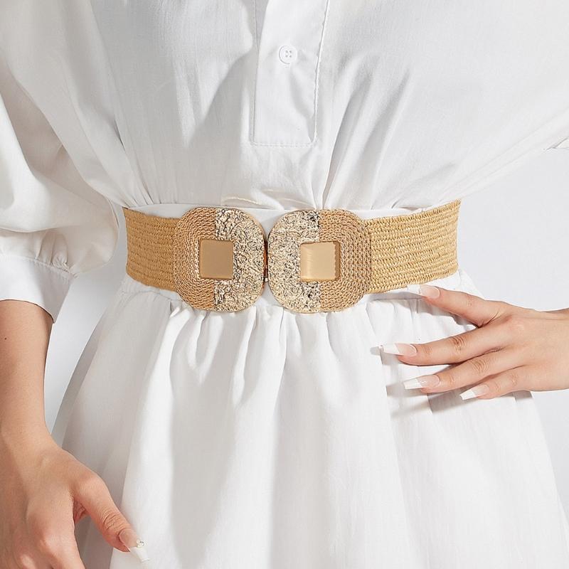 Handmade Weaving Straw Belt for Women Lady Dress Waist Belt with Gold Buckle Decors Female Bohemian Style Straw Belt