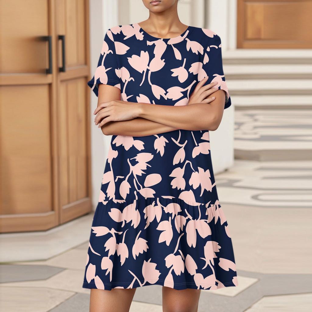 Damenmode Lässig Rundhals Kurzarm Blatt Floral Print Kleid