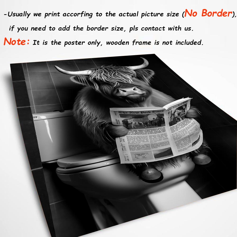 Funny Highland Cow Watch Newspaper In Toilet Canvas Prints Farmhouse Wall Art Poster For Bedroom Living Room Bathroom Home Decor