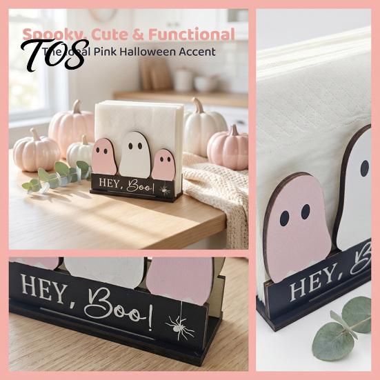 Halloween Kitchen Paper Towel Holder Wooden Napkin Holder, Ghost Pumpkin Tabletop Decor for Dining Room, Cute Theme Storage Spooky Organizer