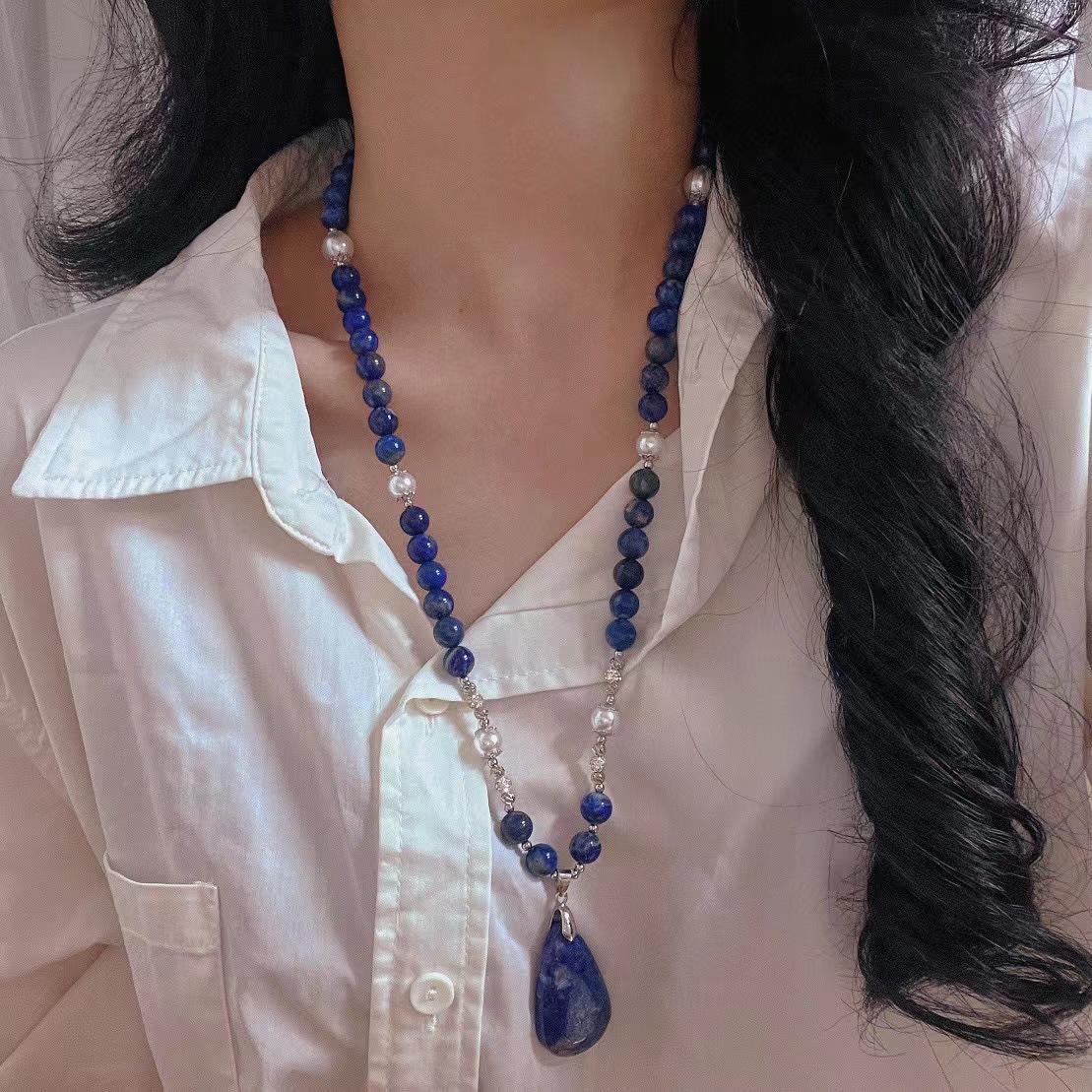 

Винтажная нишевая цепочка для свитера из натурального лазурита, цепочка-ожерелье, подвеска из лазурита, длинная цепочка