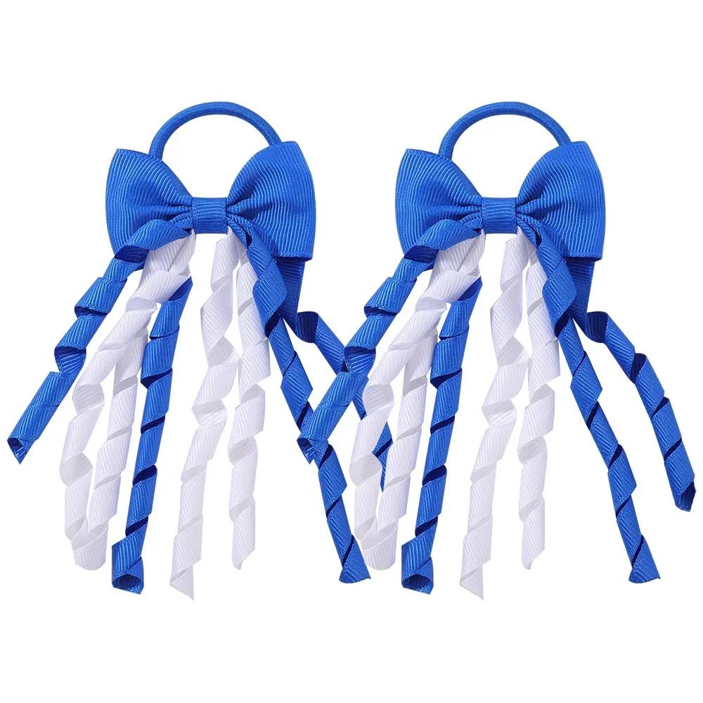 RAINBOW BOWS Grosgrain Ribbon Long Hair Ties Bows for Baby Girls Curly Hair Bows Elastic Colorful Kids Hair Band 2Pcs/lot Whole