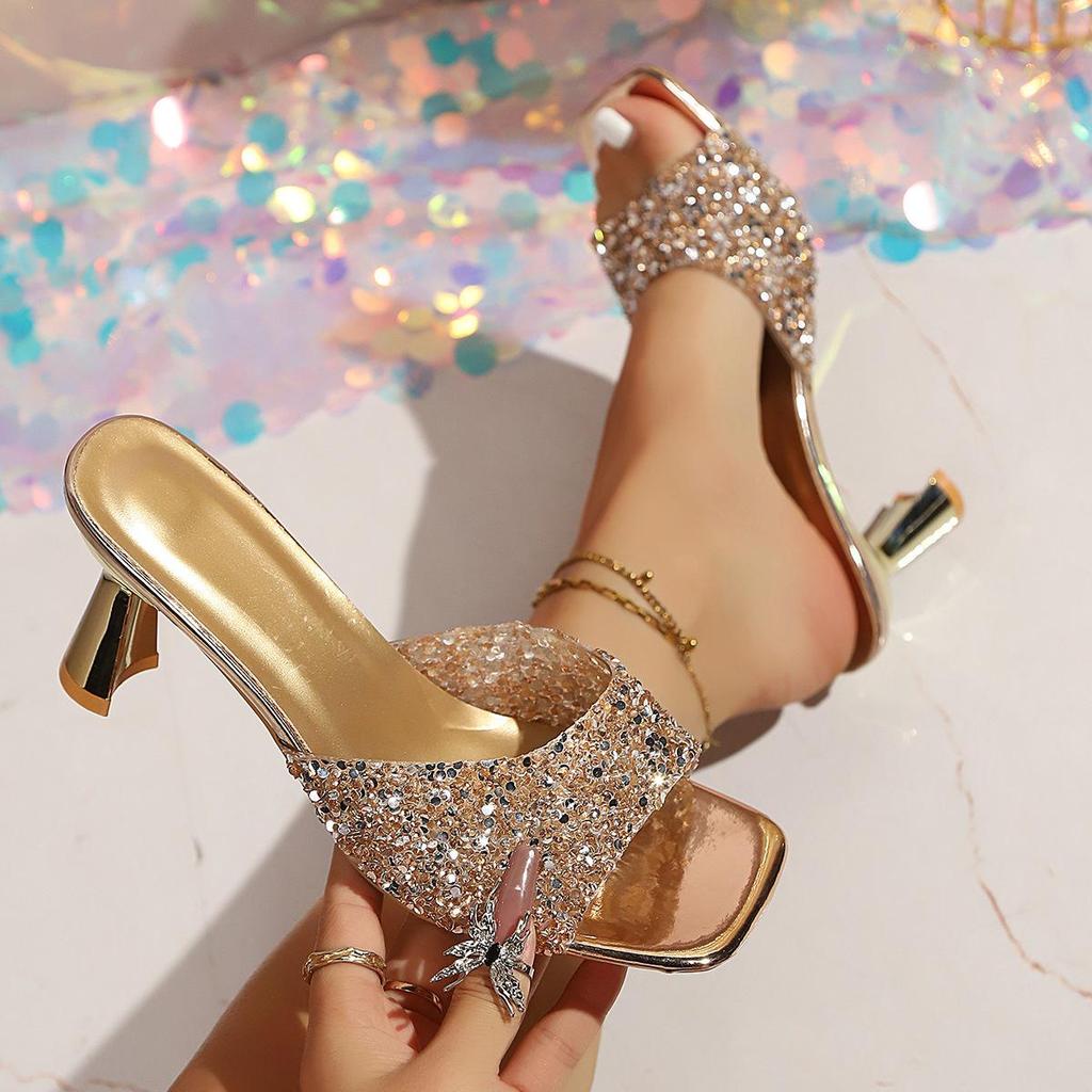 2026 Summer Sequin Open-Toe High Heel Slide Sandals for Women