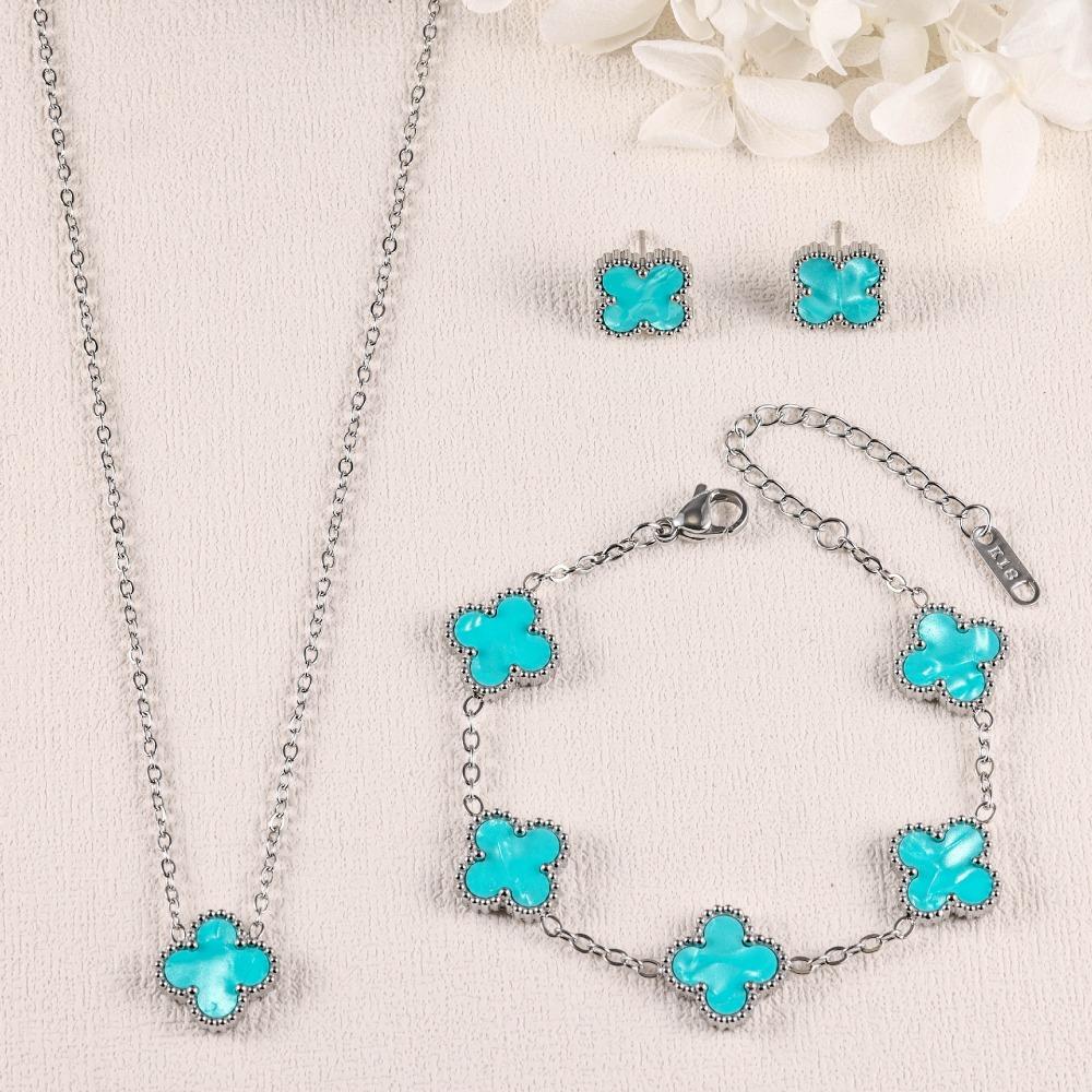 Four-leaf Clover Three-piece Necklace Bracelet and Earring Set - A Luxurious and Colorful Fashion Accessory Set