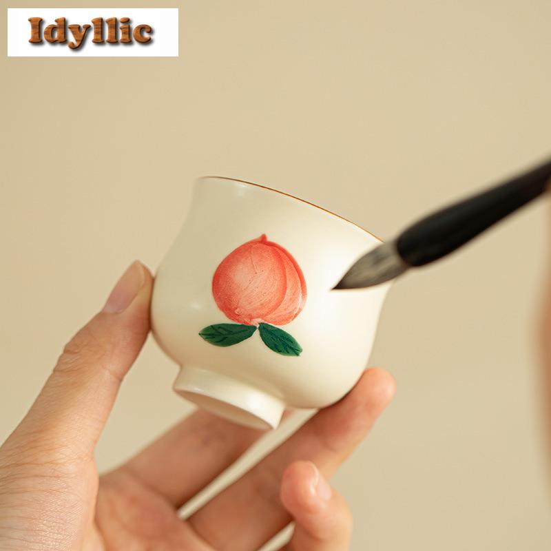 2pc/lot Hand-painted Longevity Peach Teacup Elegant Tea Bowl Tea Cup Set Tea-tasting Smelling Cup Jianzhan Master Cups Gift 65ml